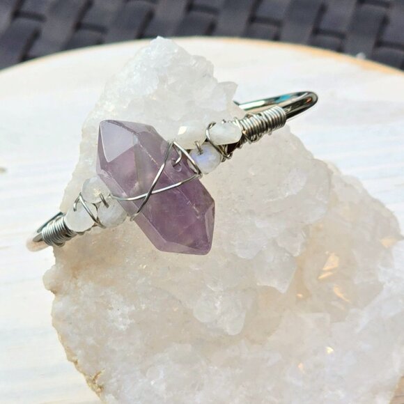 Amethyst & Moonstone Wire Wrap Cuff – 925 Over Copper – Intuition & Clarity - Picture 7 of 12